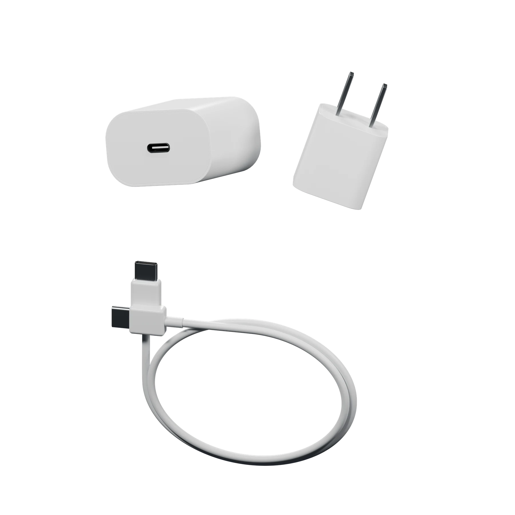 Unbranded white USB-C and USB-A chargers with a cable